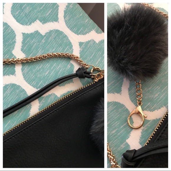 Black Faux Leather Crossbody W/ Fur Puff Charm - Picture 8 of 8